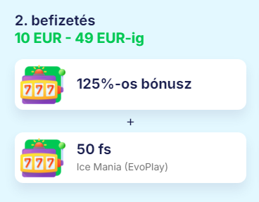 <strong>Első befizetési bónusz:</strong> A legelső, minimum 2,500 HUF-os befizetéshez 120%-os bónusz jár maximum 90,000 HUF-ig + 120 ingyenes pörgetés. A bónuszt 40-szer, a free spin-eket pedig 35-ször kell megforgatni 5 napon belül.