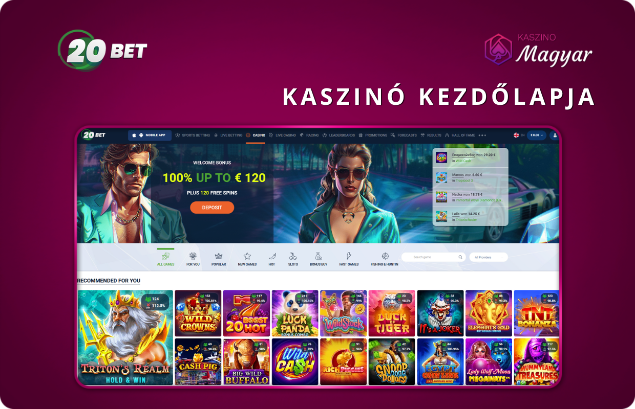 20Bet kezdőlap: Bónuszok és a legjobb nyerőgépek listája.