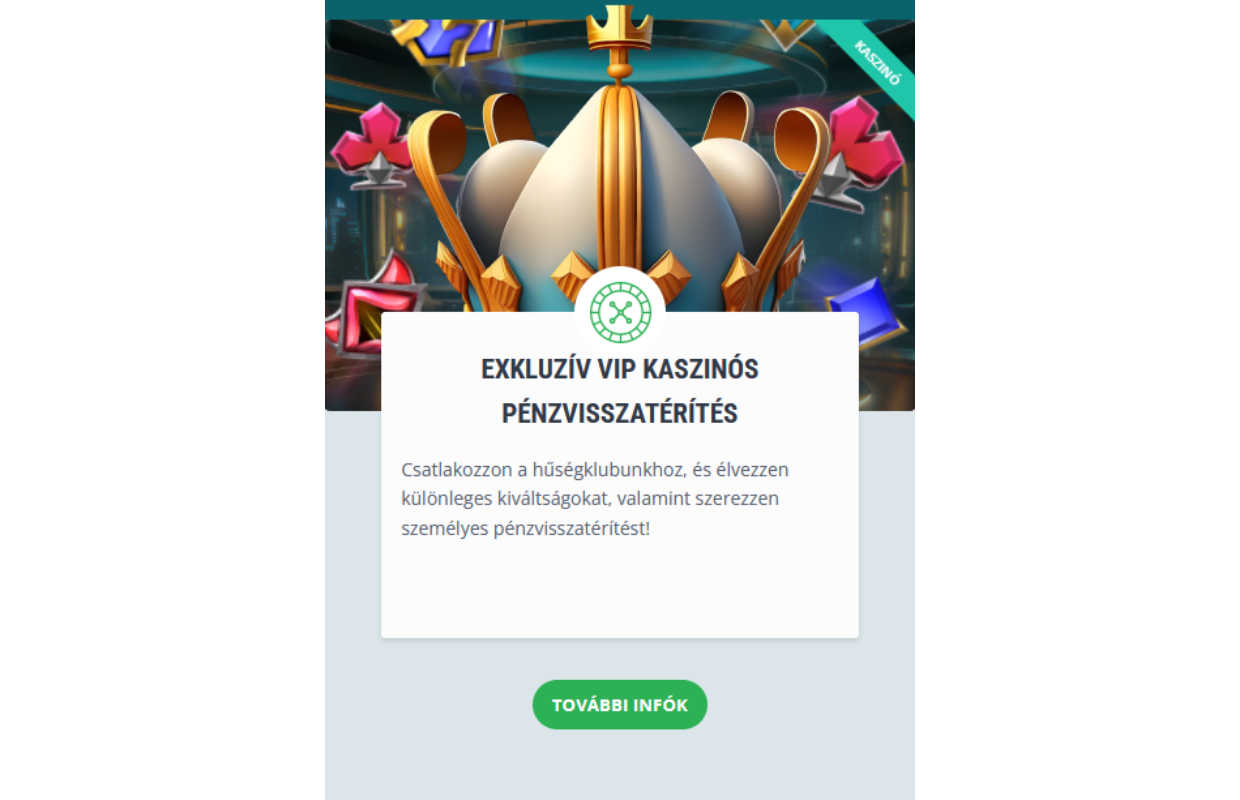 A cashback program keretében a hűséges játékosok, miután elértek egy bizonyos szintet (pl. Réz, Bronz, Ezüst stb.), különböző százalékos arányú cashback-et kaphatnak, a jóváírás gyakoriságával együtt.