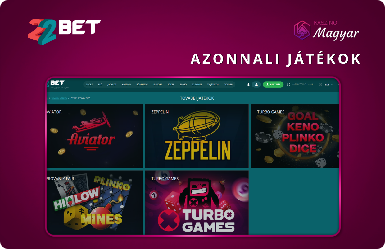 A 22Bet több mint 100 játék szolgáltatóval működik, köztük olyan fejlesztőkkel, mint a NetEnt, Microgaming, Ezugi és Play’n GO.