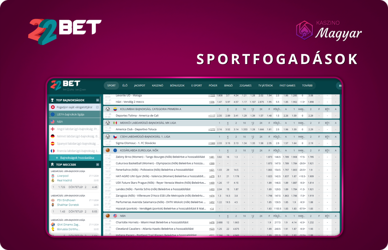 Különféle lehetőségek és fogadási típusok a 22Bet kaszinóban.