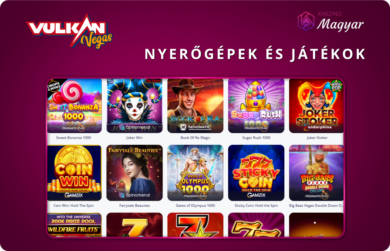 Drops & Wins, gyors játékok, Megaways, bónuszvásárlásos játékok, kártyajátékok, rulettek, videópóker és egyebek. A kényelme érdekében lehetőség van a témák vagy szolgáltatók szerinti rendezésre, így az elérhető játékok könnyen szűrhetők az online kaszinókban megszokott módon.